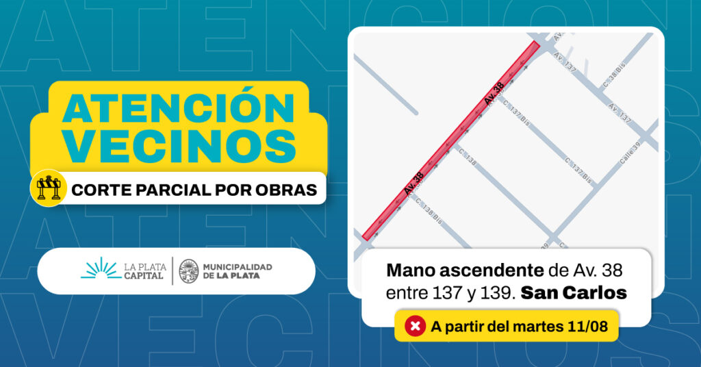 Corte parcial de tránsito por obras en 38 entre 137 y 139