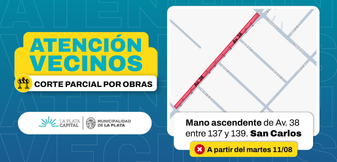 Corte parcial de tránsito por obras en 38 entre 137 y 139